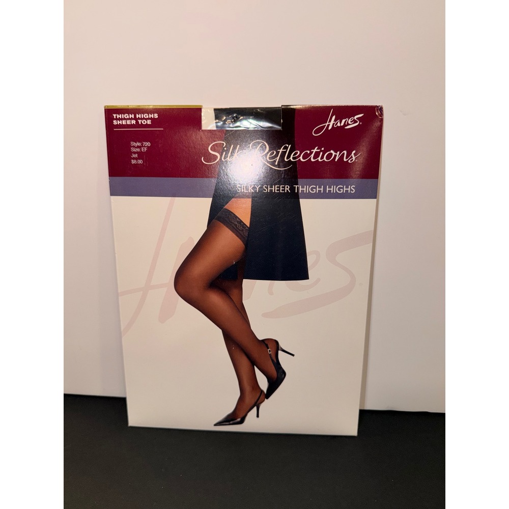 Hanes Silk Reflections Silky Sheer Thigh Highs Jet Black Sheer Toe Style 720 EF